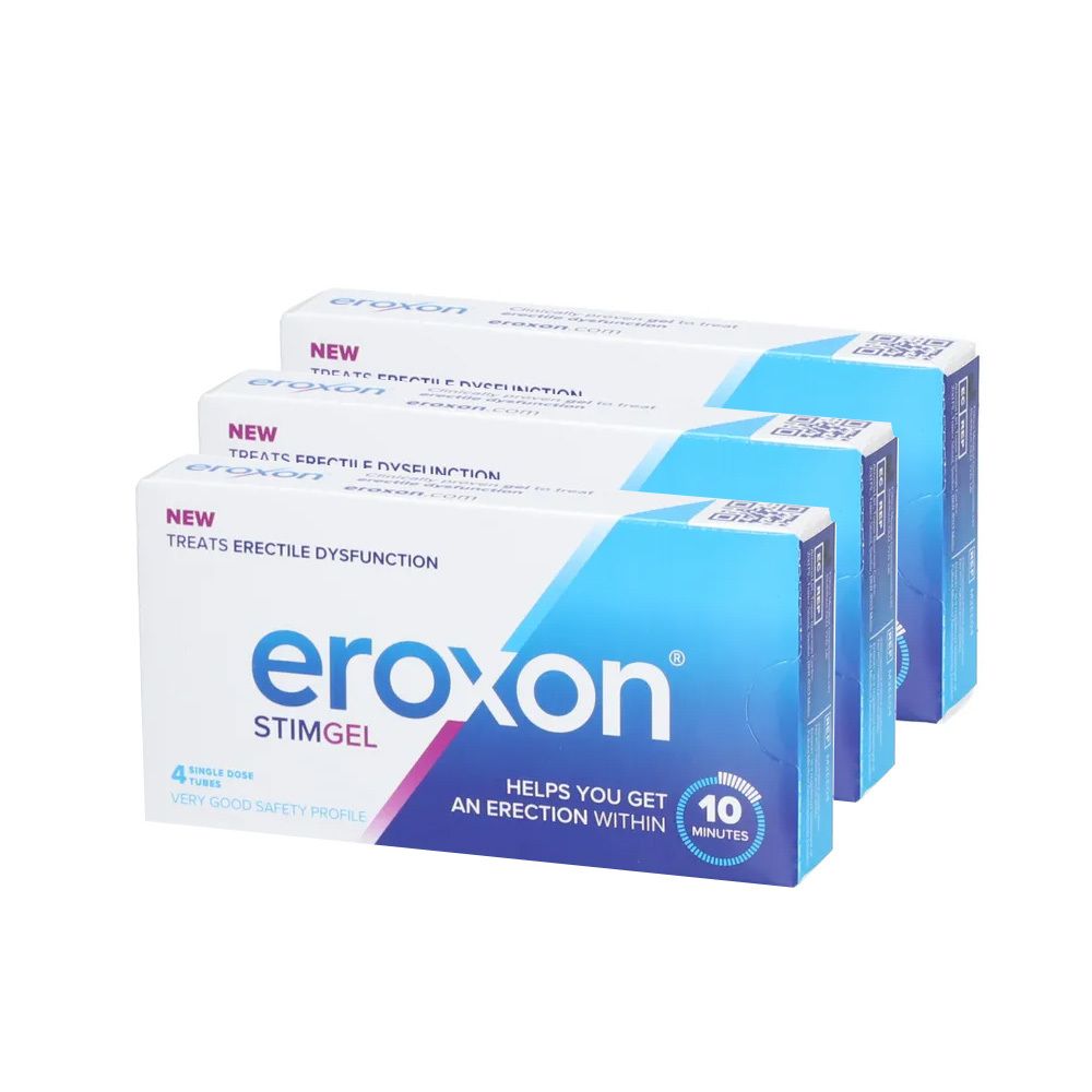 Drei Schachteln Eroxon Stimulierendes Gel. Blaue und weiße Verpackung mit Produktnamen und Text. "Hilft bei Erektionsstörungen".