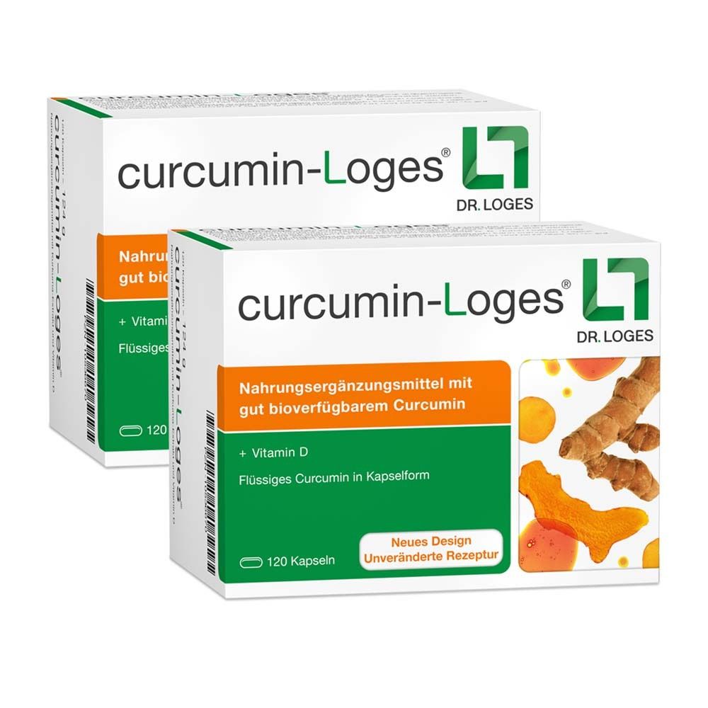 Zwei Packungen curcumin-Loges. Weiße Schachteln mit Produktinformationen und Logo. 120 Kapseln.