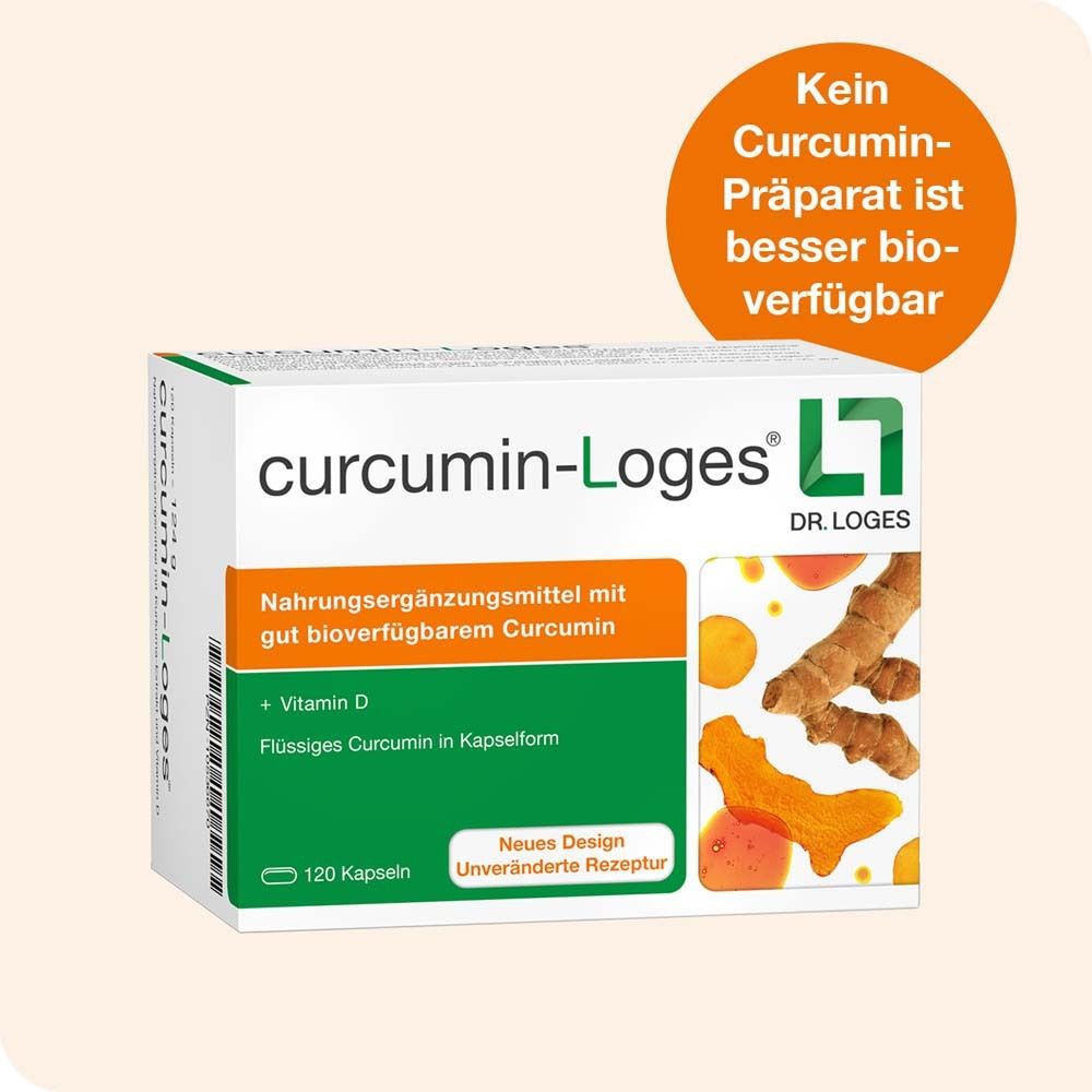 curcumin-Loges Packung mit 120 Kapseln. Aufdruck: Nahrungsergänzungsmittel mit gut bioverfügbarem Curcumin.