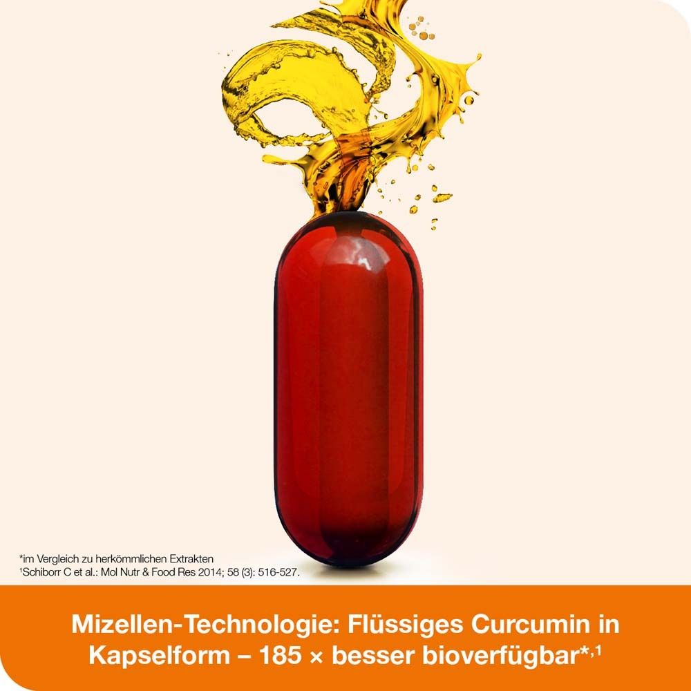 Rote Kapsel mit gelber Flüssigkeit. Text: Mizellen-Technologie: Flüssiges Curcumin in Kapselform.