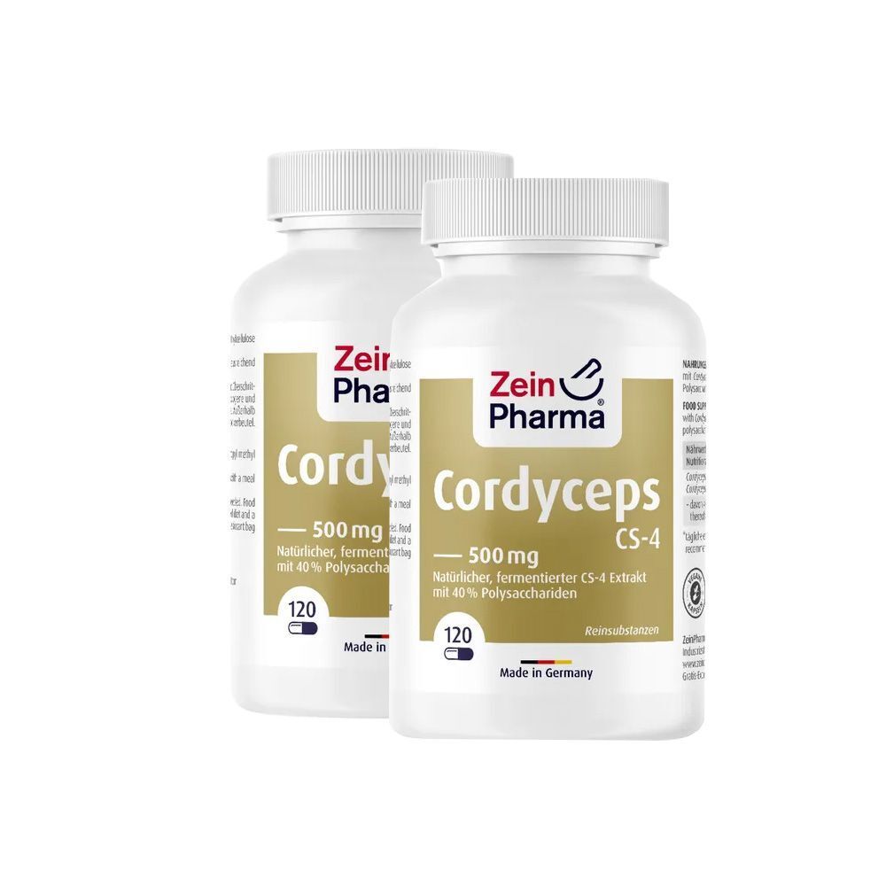 Zwei weiße Flaschen mit ZeinPharma Cordyceps CS-4 Extrakt Kapseln. Aufschrift: 500 mg, 120 Kapseln. Hergestellt in Deutschland.