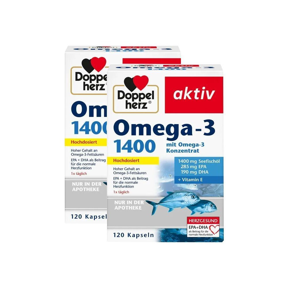 Zwei Packungen Doppelherz Omega-3 1400. Jede Packung enthält 120 Kapseln. Aufschrift: Omega-3 1400, aktiv.