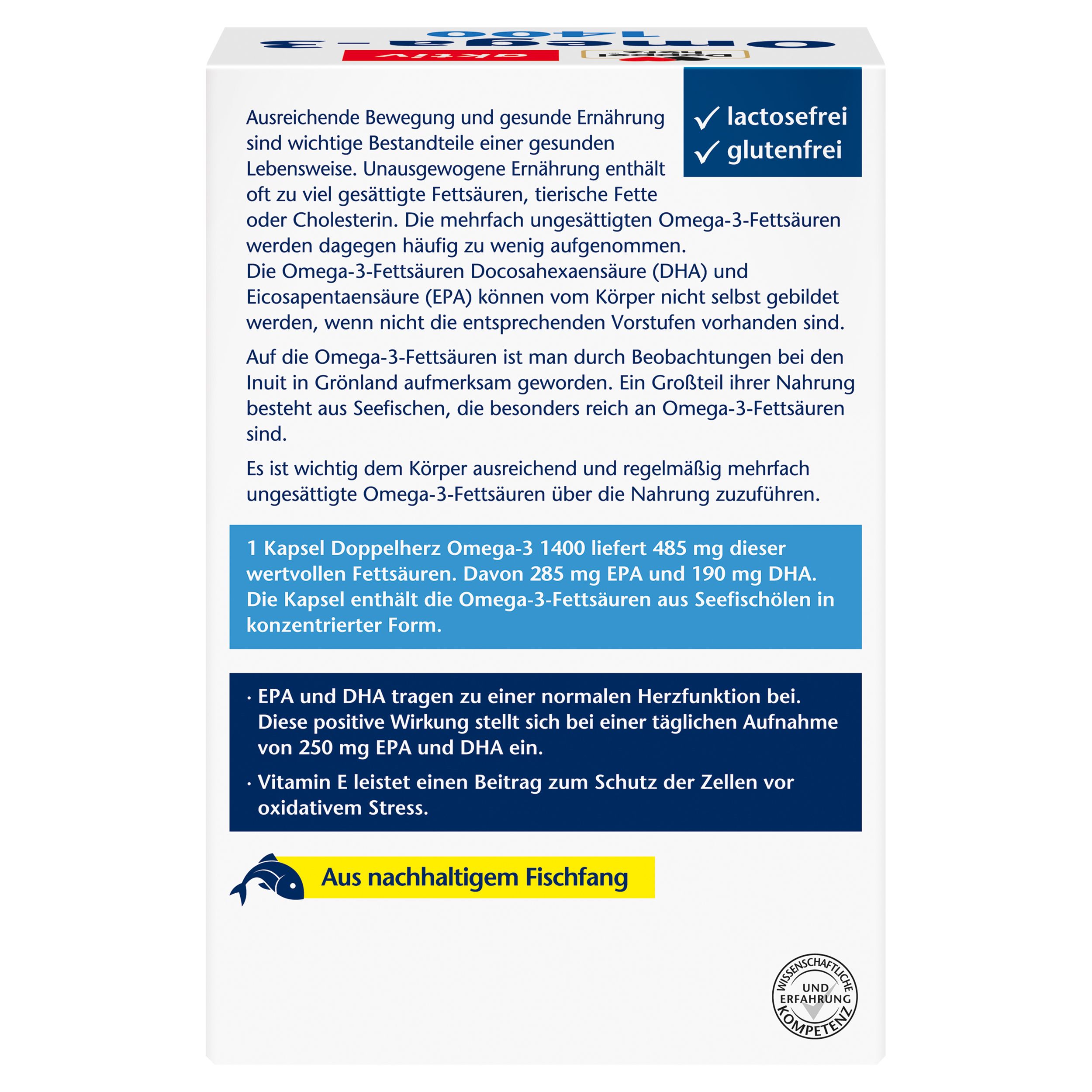 Rückseite der Doppelherz Omega-3 1400 Packung. Text über Omega-3-Fettsäuren, EPA, DHA und Vitamin E. Hinweise zu Inhaltsstoffen.