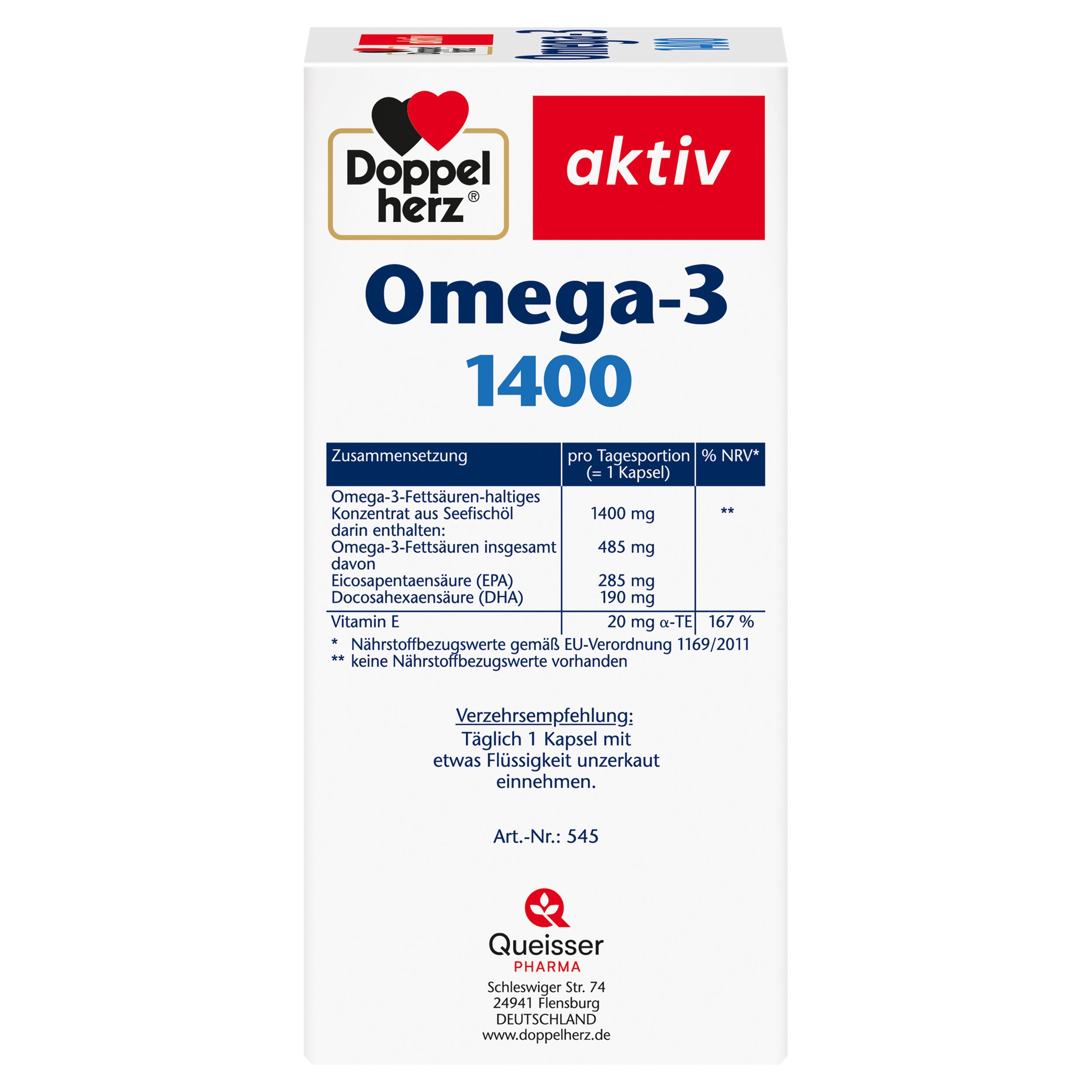 Vorderseite der Doppelherz Omega-3 1400 Packung. Auflistung der Inhaltsstoffe und Nährwertangaben pro Kapsel.
