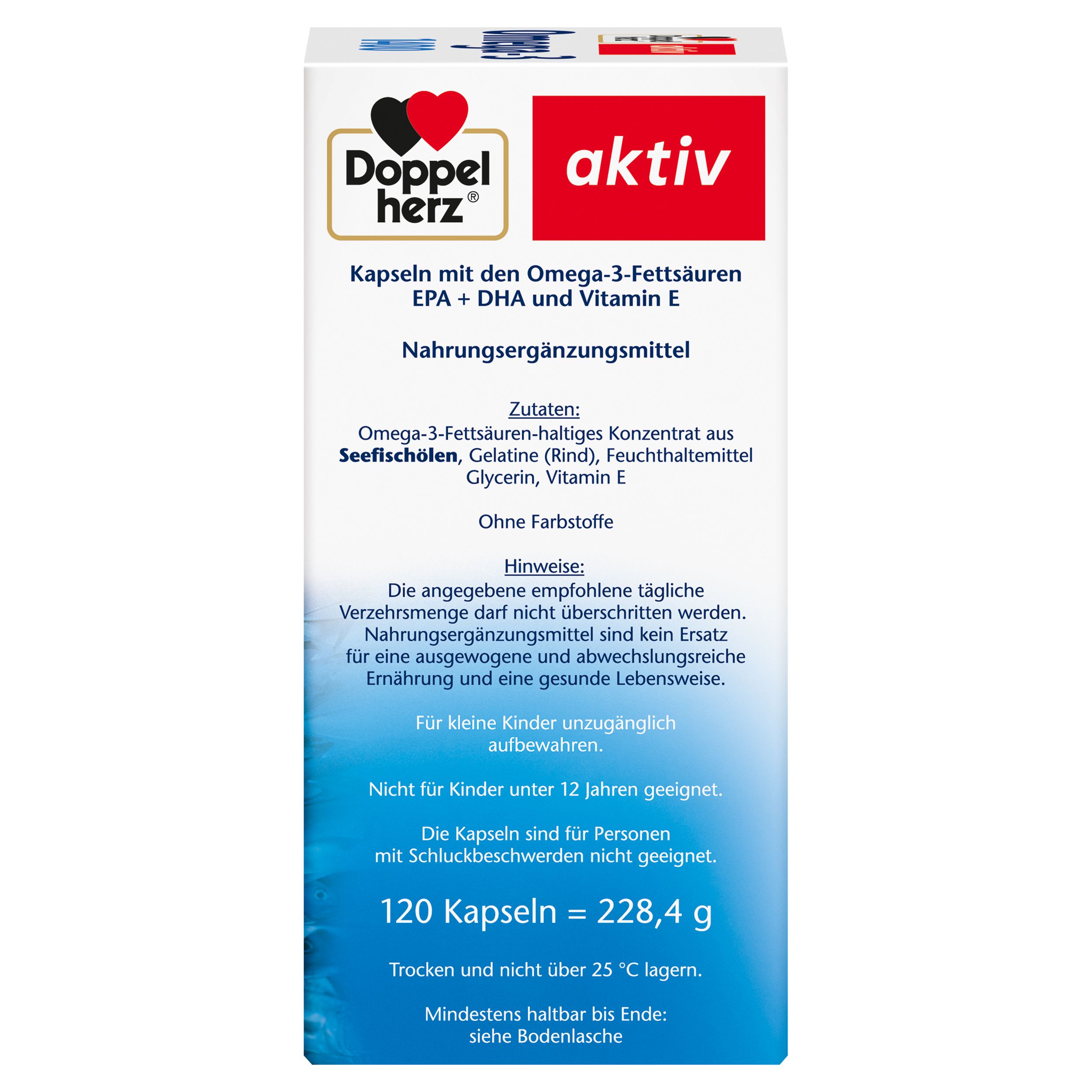 Rückseite der Doppelherz Omega-3 1400 Packung. Auflistung der Inhaltsstoffe, Hinweise und Lagerungshinweise.