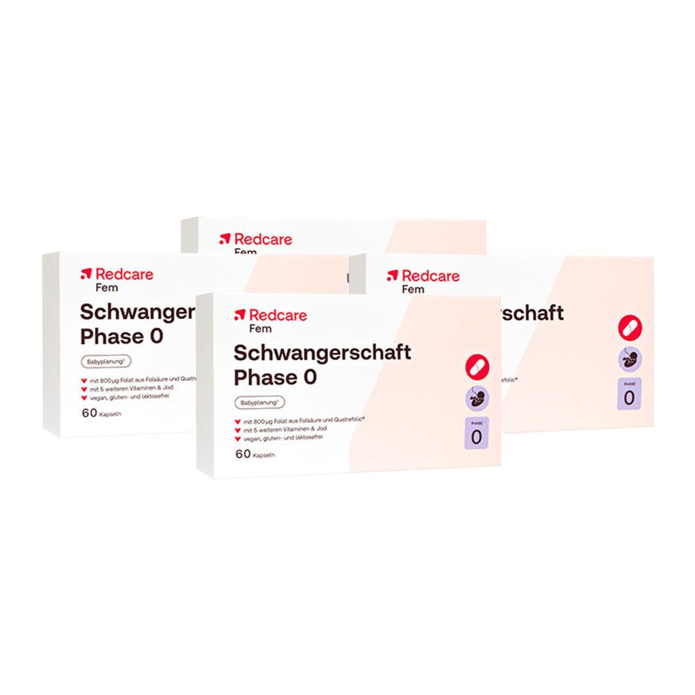 Mehrere Packungen Redcare Schwangerschaft Phase 0. Weiße Verpackung mit rotem Logo und Produktinformationen. 60 Kapseln.