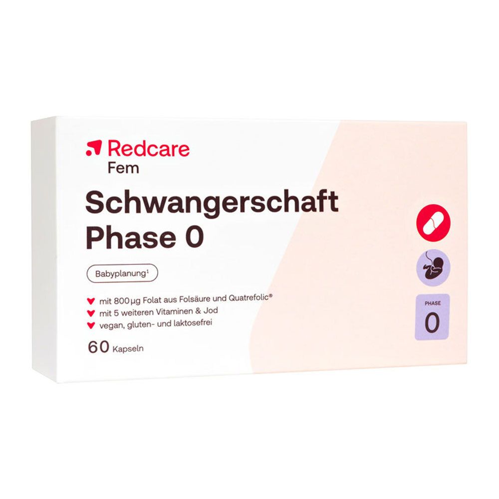 Redcare Schwangerschaft Phase 0 Packung. Weiße Schachtel mit rotem Logo und Produktinformationen. 60 Kapseln.