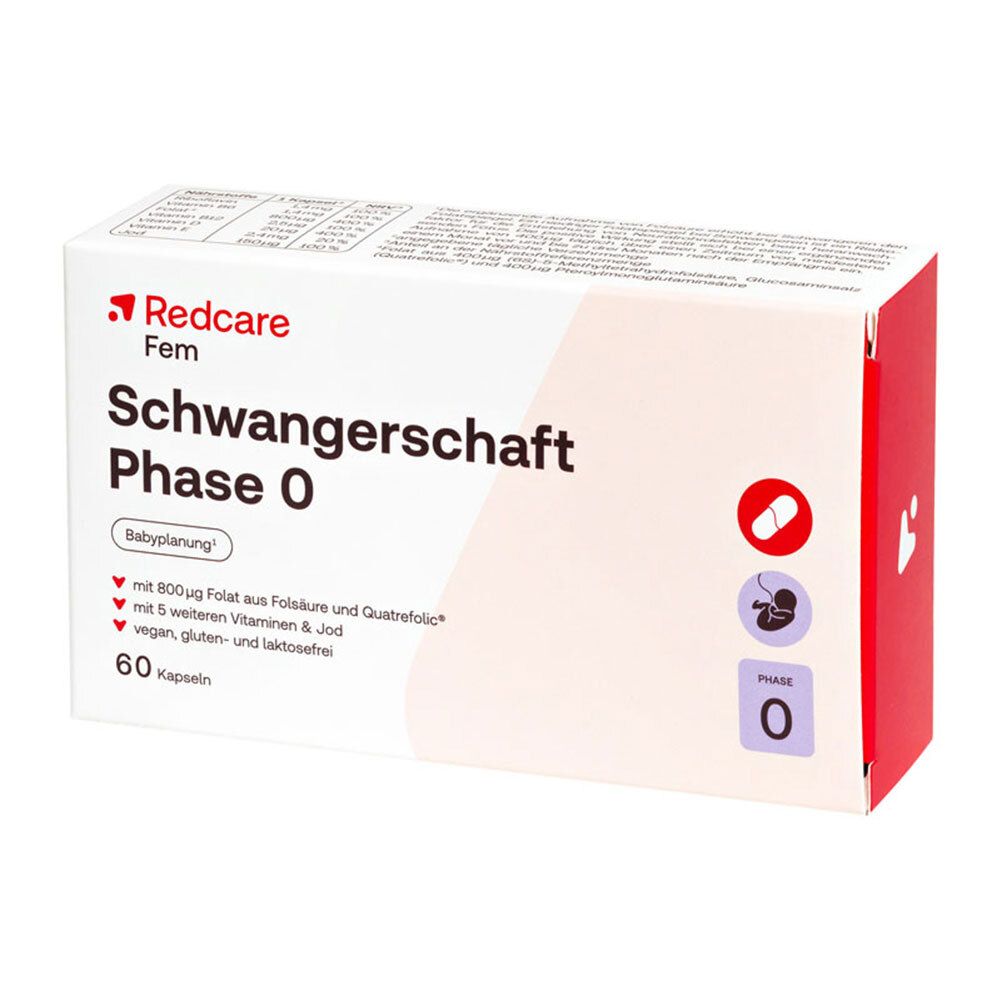 Redcare Schwangerschaft Phase 0 Packung. Weiße Schachtel mit rotem Logo und Produktinformationen. 60 Kapseln.