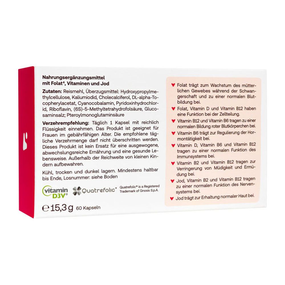Rückseite der Redcare Schwangerschaft Phase 0 Packung. Informationen zu Inhaltsstoffen, Verzehrempfehlung und Nährwerten.