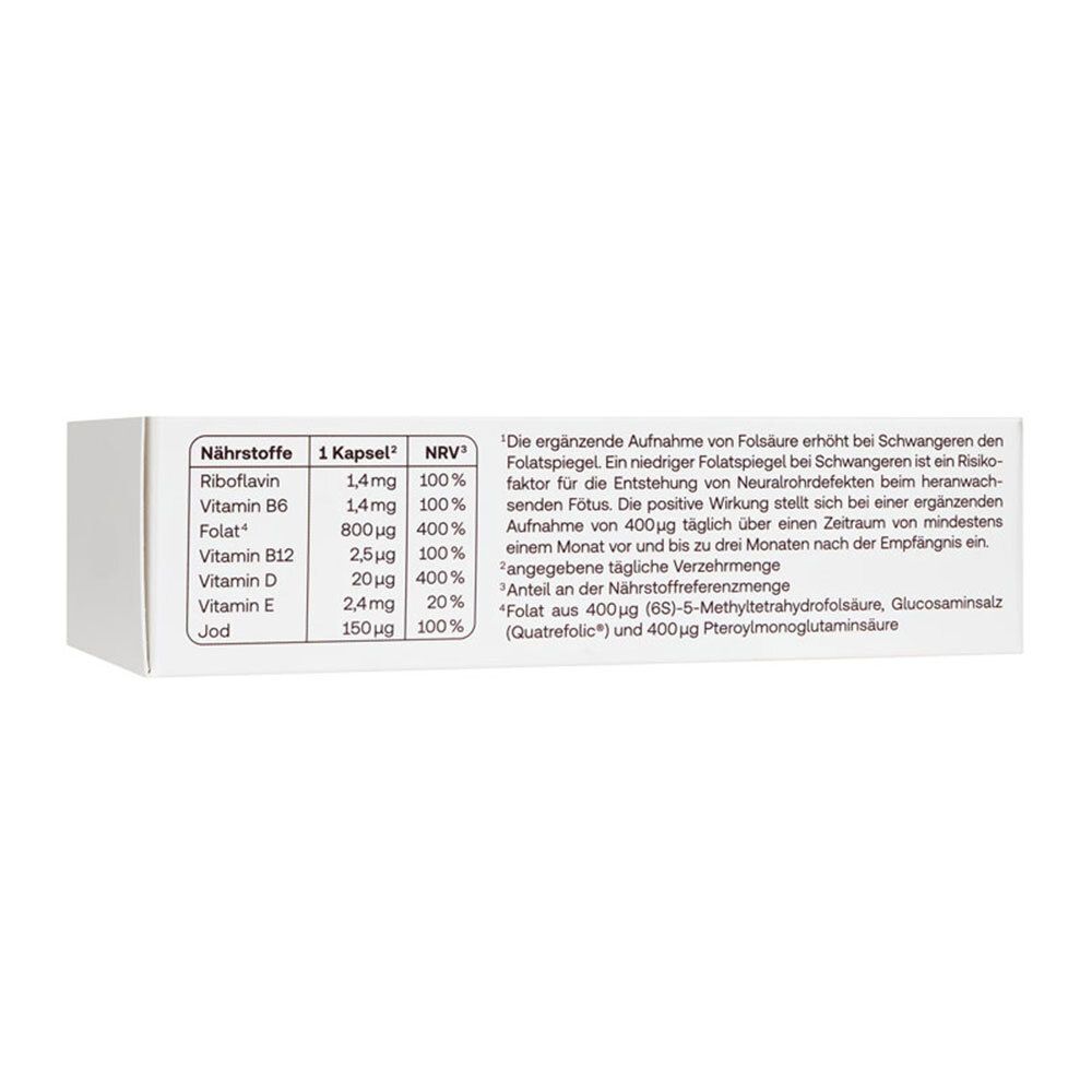 Detailansicht der Nährwerttabelle auf der Redcare Schwangerschaft Phase 0 Packung. Informationen zu Vitaminen und Jod.
