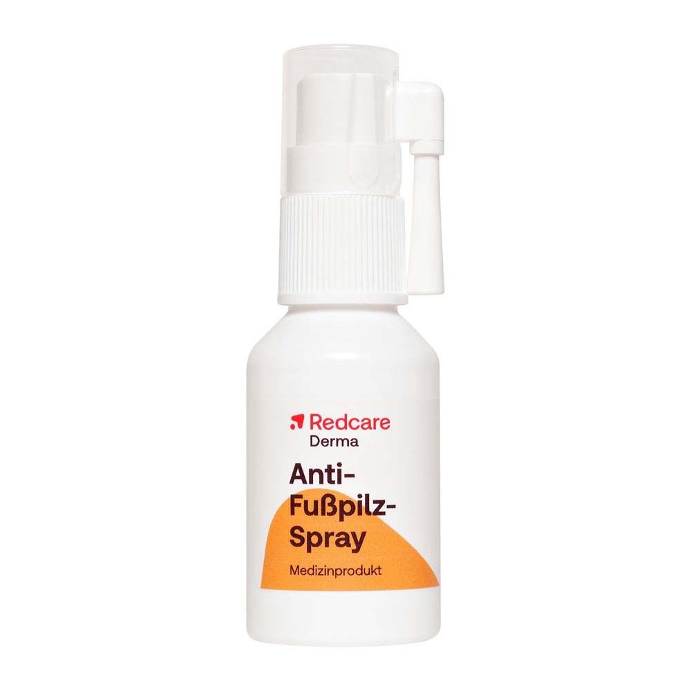 Eine weiße Flasche Redcare Derma Anti-Fußpilz-Spray mit Sprühkopf. Orangefarbener Bereich mit Produktinformationen.