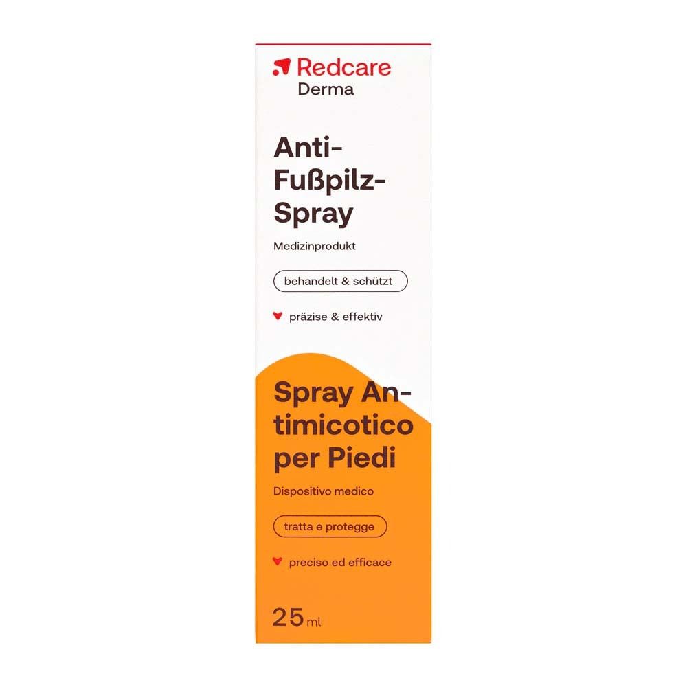 Eine Packung Redcare Derma Anti-Fußpilz-Spray. Produktname, Logos und Produktinformationen deutlich sichtbar. 25ml.