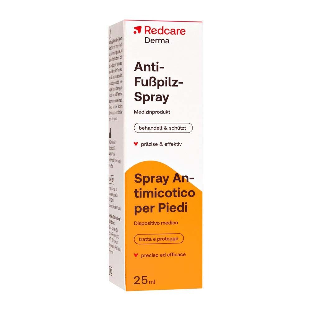 Eine Packung Redcare Derma Anti-Fußpilz-Spray. Produktname, Logos und Produktinformationen deutlich sichtbar. 25ml.