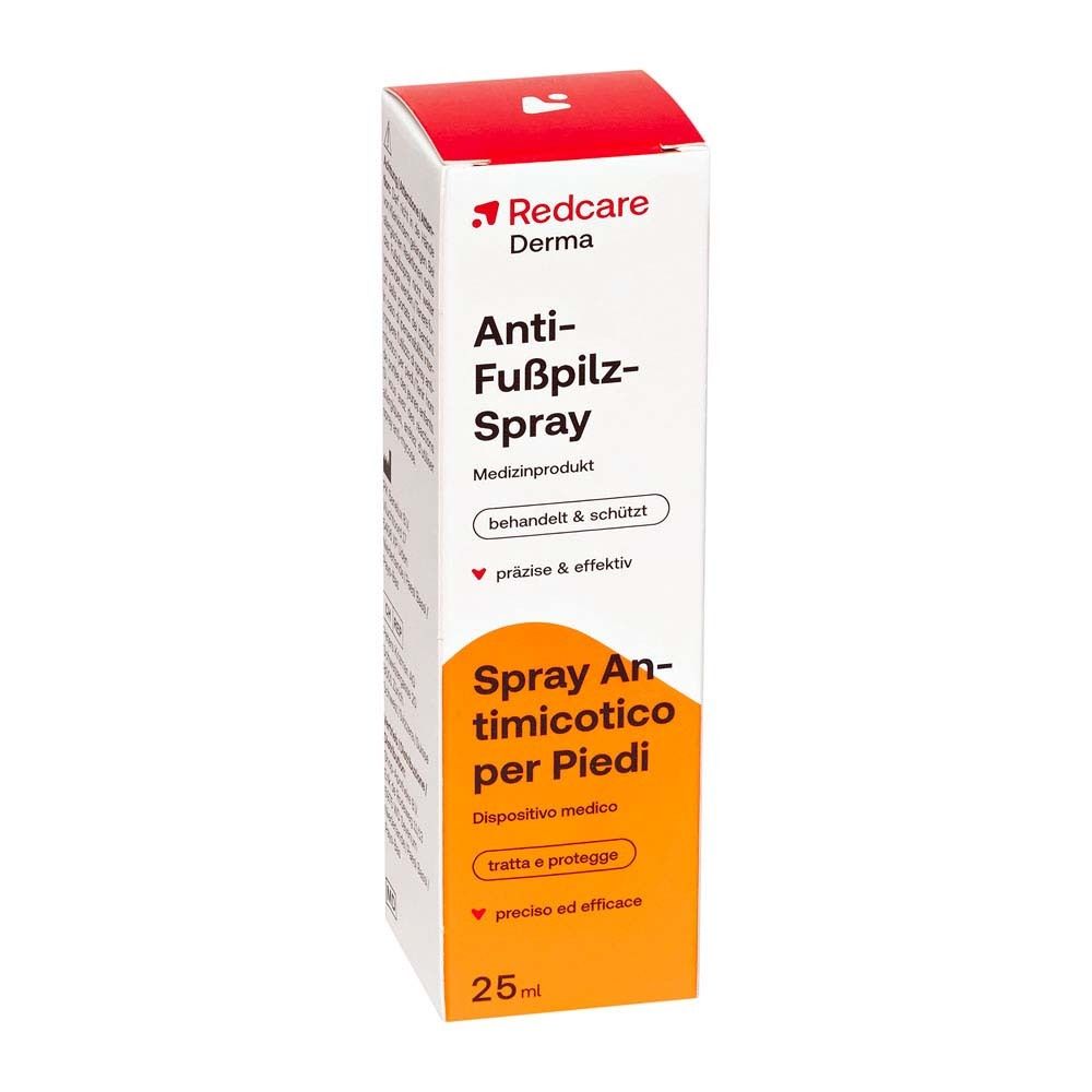Eine Packung Redcare Derma Anti-Fußpilz-Spray. Produktname, Logos und Produktinformationen deutlich sichtbar. 25ml.