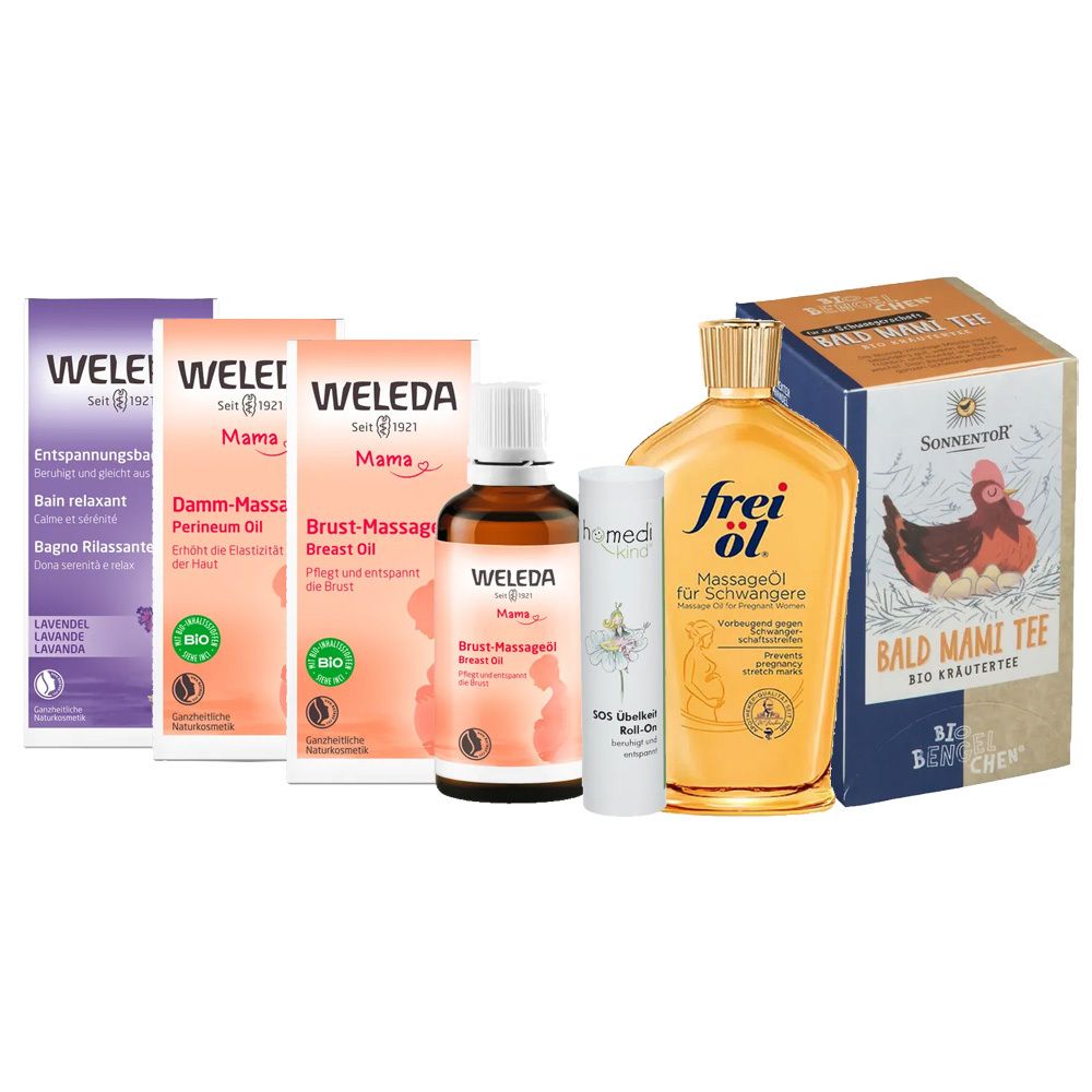 Verschiedene Produkte für Schwangere, darunter Öle, Tee und Badezusatz. Verpackungen mit Aufschriften wie "WELEDA Mama" und "frei öl".