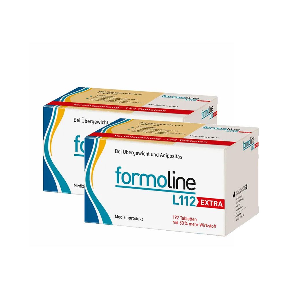 Zwei weiße Schachteln mit "formoline L112 EXTRA"-Aufdruck. Text: "Bei Übergewicht und Adipositas". Medizinprodukt. 192 Tabletten.