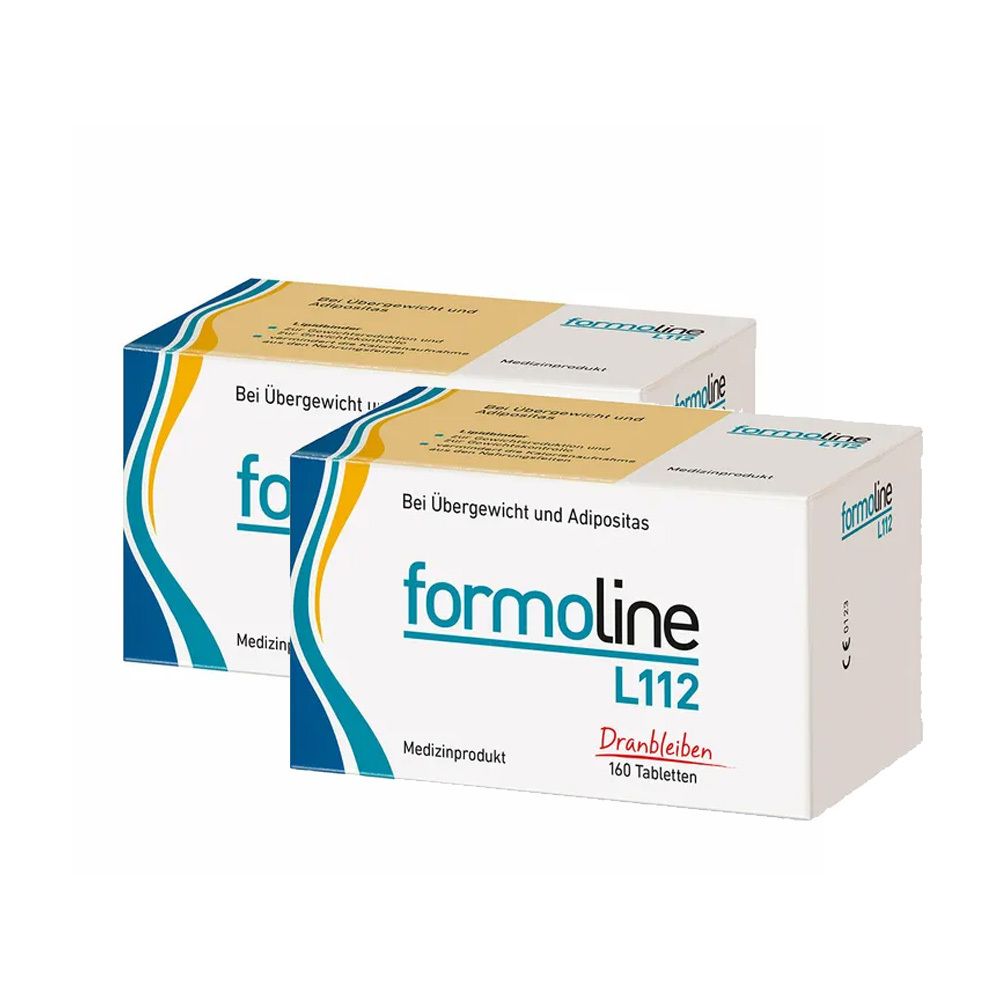Zwei weiße Schachteln mit der Aufschrift "formoline L112". Aufschrift "Bei Übergewicht und Adipositas". Medizinprodukt. 160 Tabletten.
