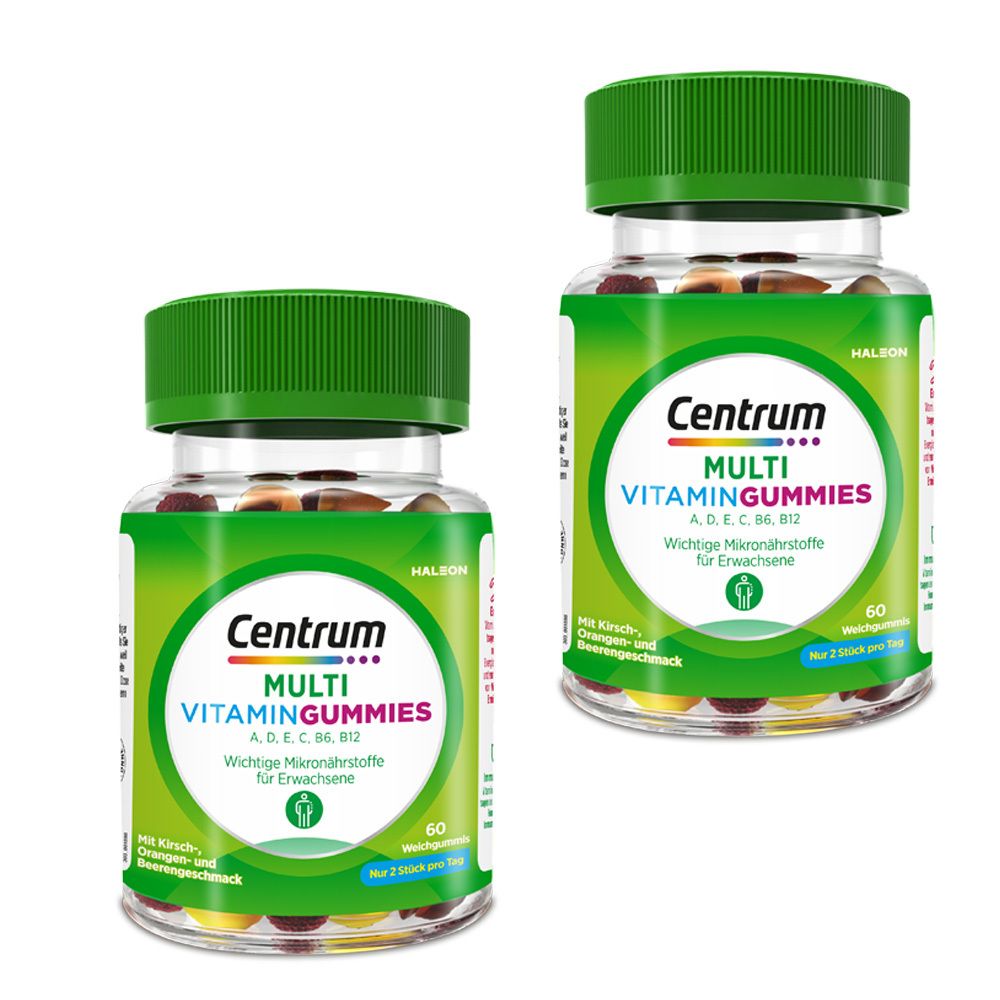Zwei Flaschen Centrum Multi Vitamin Gummies. Grüne Deckel, transparente Behälter mit bunten Gummibärchen. Aufschrift: Centrum Multi Vitamin Gummies.
