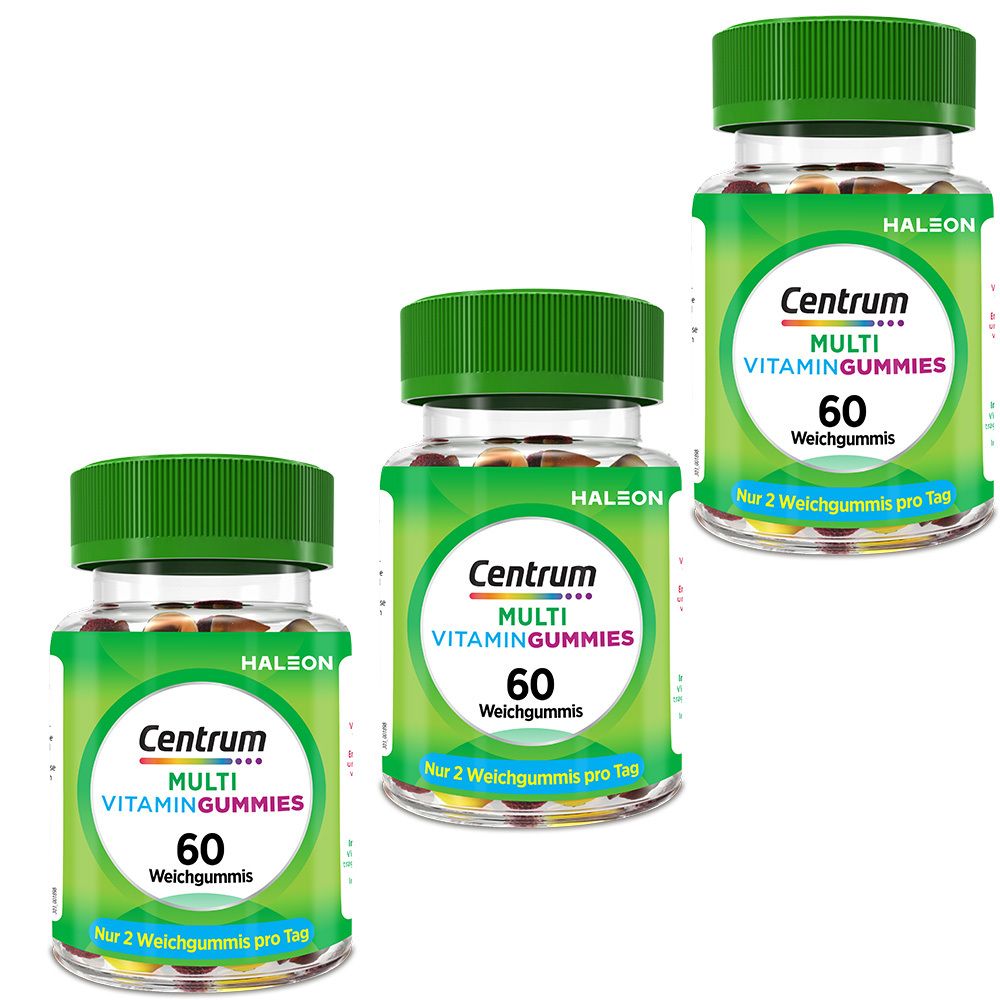 Drei Flaschen mit grünen Deckeln. Auf jeder Flasche steht "Centrum MULTI VITAMINGUMMIES 60 Weichgummis".