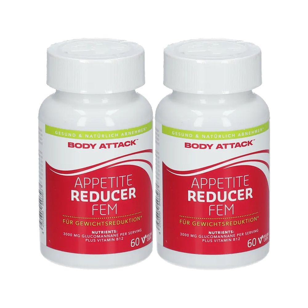 Zwei weiße Flaschen mit rotem Etikett. Aufschrift: Body Attack Appetite Reducer Fem. Enthält 60 Kapseln.