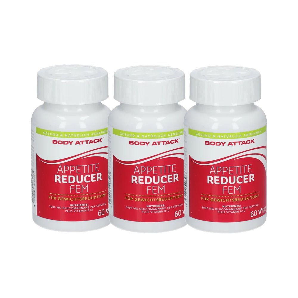 Drei weiße Flaschen mit rotem Etikett. Aufschrift: Body Attack, Appetite Reducer FEM. Für Gewichtsreduktion. 60 Kapseln.