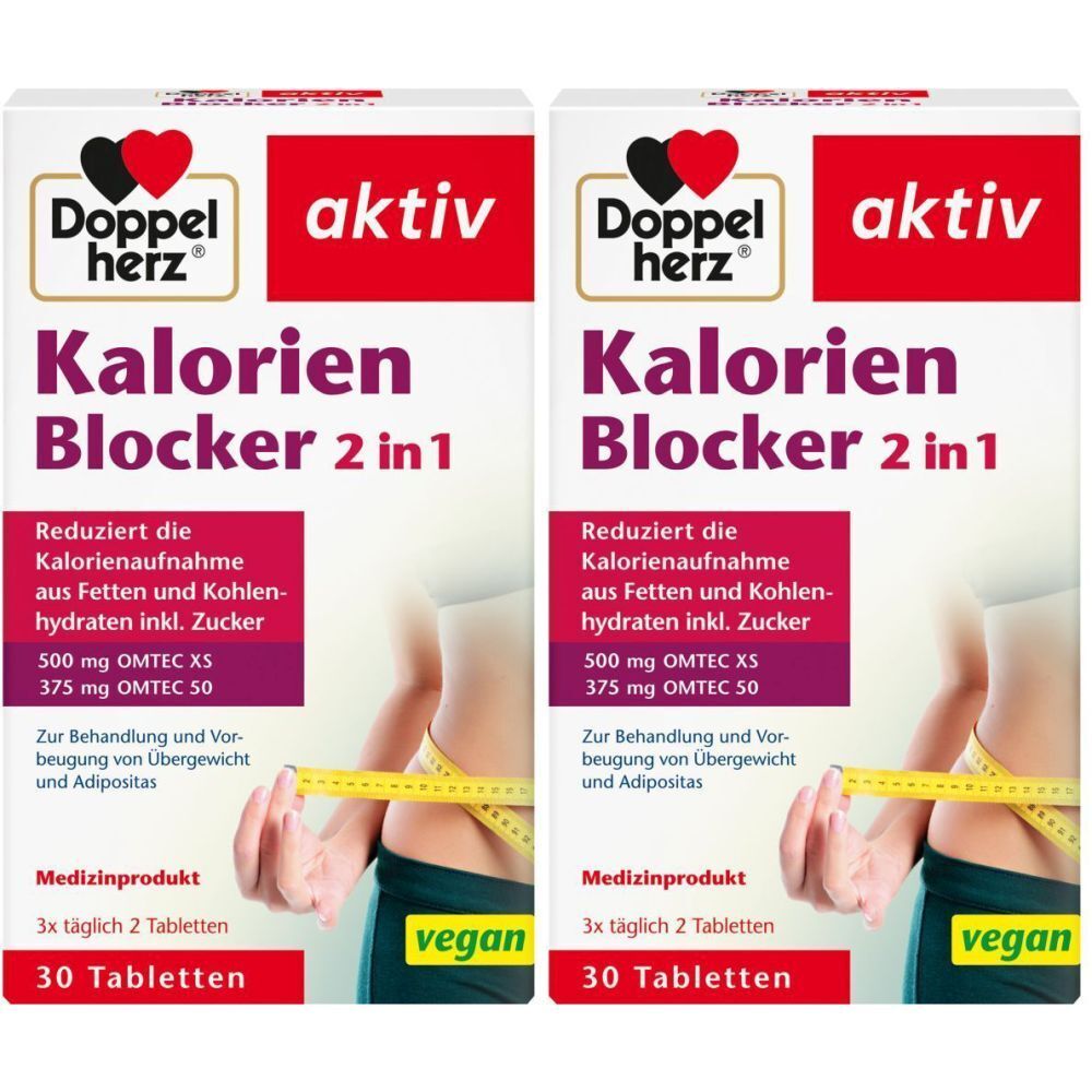Zwei Packungen Doppelherz aktiv Kalorien Blocker 2 in 1. Aufschrift: Reduziert Kalorienaufnahme. 30 Tabletten. Vegan.