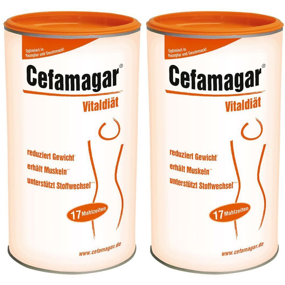 Zwei Dosen Cefamagar Vitaldiät. Weiße Dosen mit orangefarbenen Deckeln. Aufschrift: reduziert Gewicht, erhält Muskeln, unterstützt Stoffwechsel.
