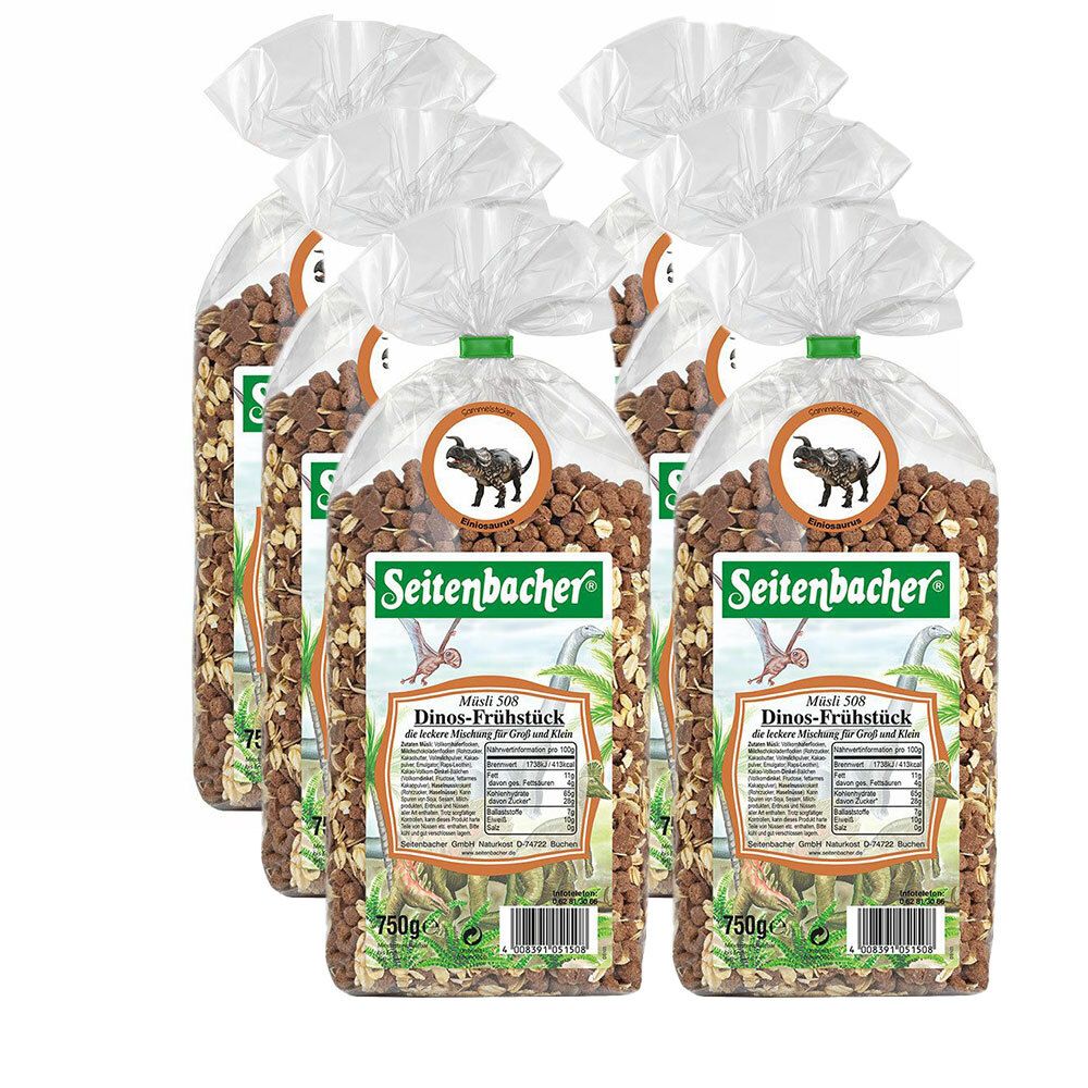 Mehrere Beutel mit Frühstücksflocken. Aufdruck: Seitenbacher, Dinos-Frühstück. Jede Packung enthält 750g.