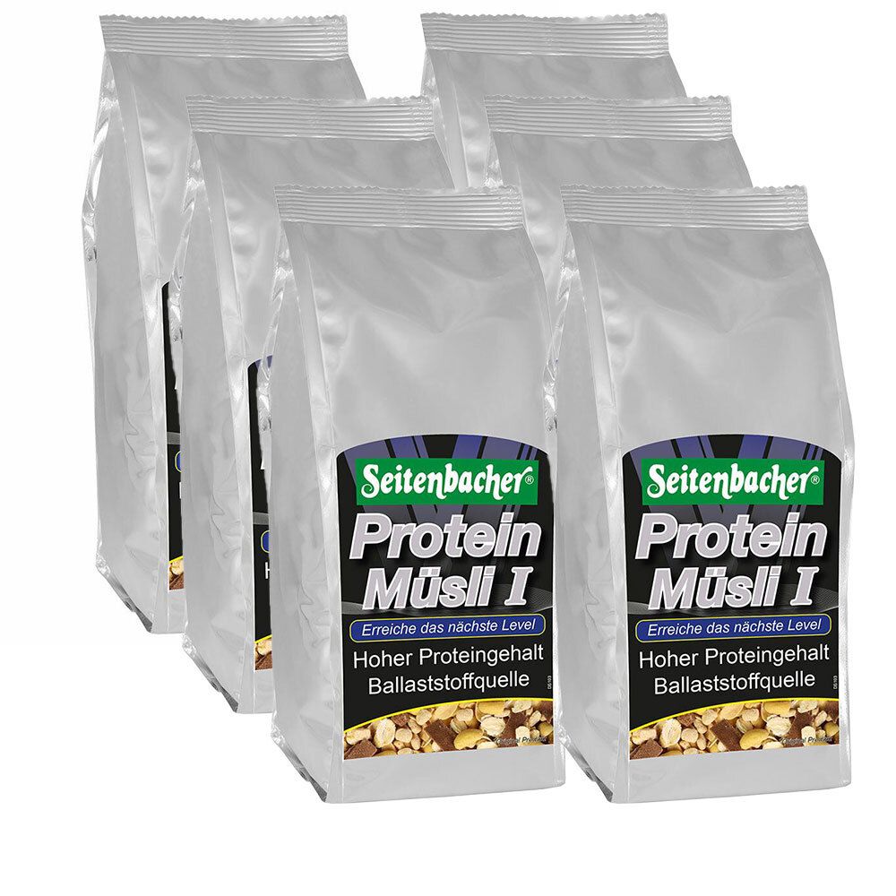 Mehrere Beutel Protein Müsli. Aufdruck: Seitenbacher Protein Müsli I, hoher Proteingehalt, Ballaststoffquelle.