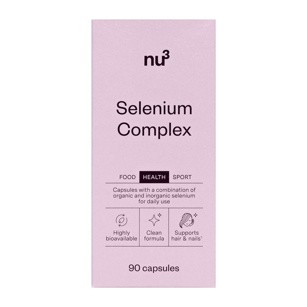 Verpackung von nu3 Selen Komplex mit 90 Kapseln und Hinweisen zur Bioverfügbarkeit.