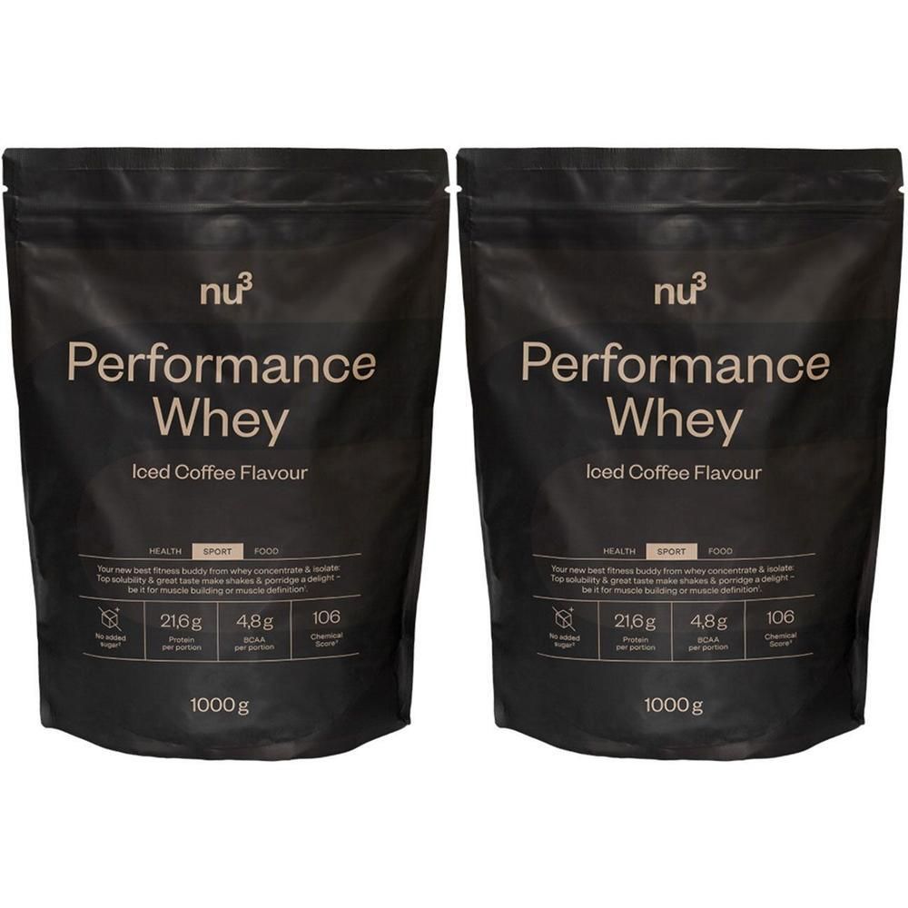 Zwei Beutel nu3 Performance Whey Iced Coffee. Schwarze Verpackung mit weißer Schrift. 1000g Packung.