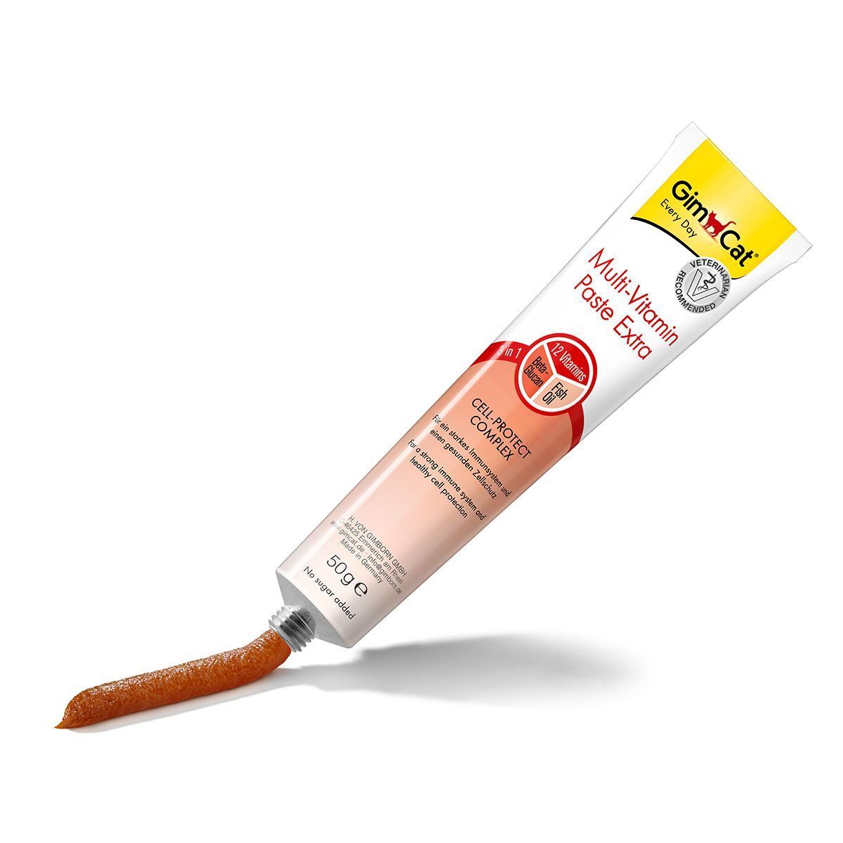 Tube GimCat Multi-Vitamin Paste Extra, 50g, mit herausgedrückter Paste.