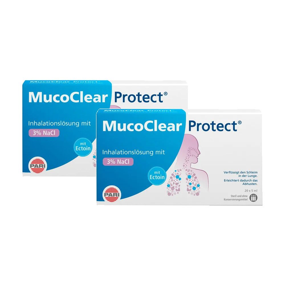 Zwei Packungen mit der Aufschrift "MucoClear Protect". Blaue und weiße Verpackung mit Produktinformationen und Logo.