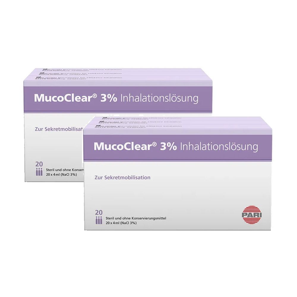 Zwei Packungen MucoClear® 3% Inhalationslösung. Aufschrift: Zur Sekretmobilisation. 20 Ampullen. Marke: PARI.