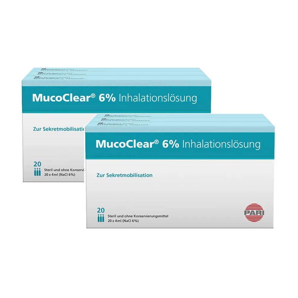 Zwei Packungen MucoClear 6% Inhalationslösung. Aufschrift: Zur Sekretmobilisation. Enthält 20 Ampullen. Marke: PARI.