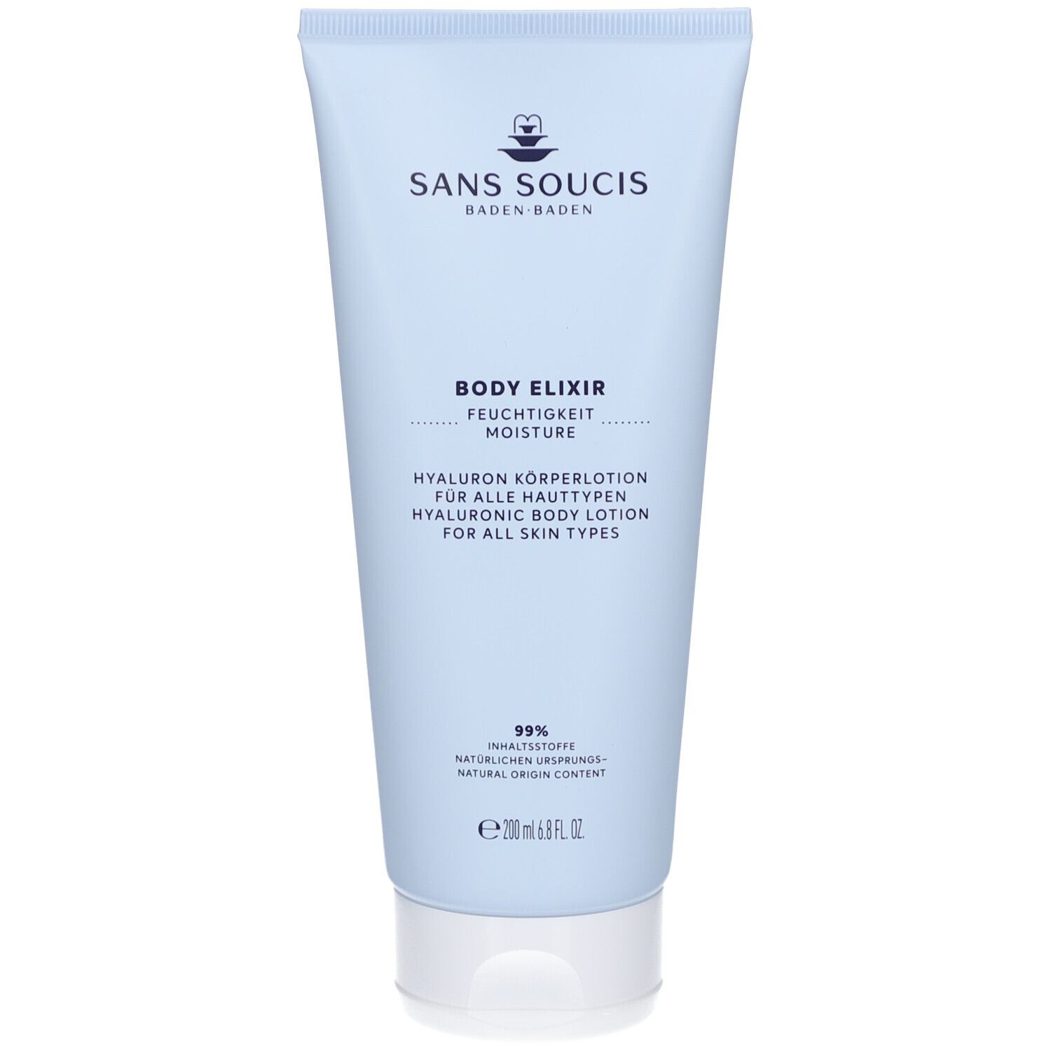 Hellblaue Tube mit weißem Deckel. Aufschrift: Sans Soucis, Body Elixir, Hyaluron Körperlotion. 99% natürlicher Ursprung.