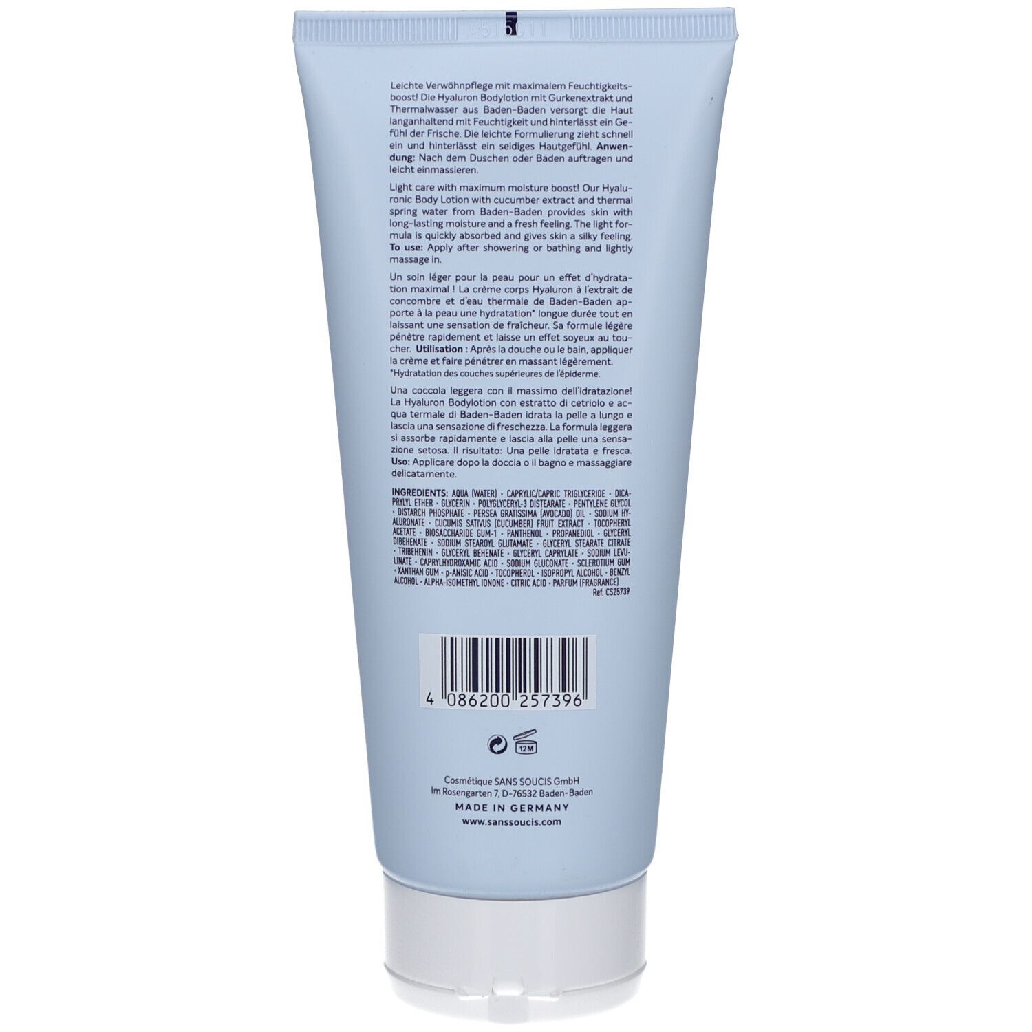 Rückseite der hellblauen Tube. Text in Deutsch, Englisch und Französisch. Barcode und Herstellerinformationen.