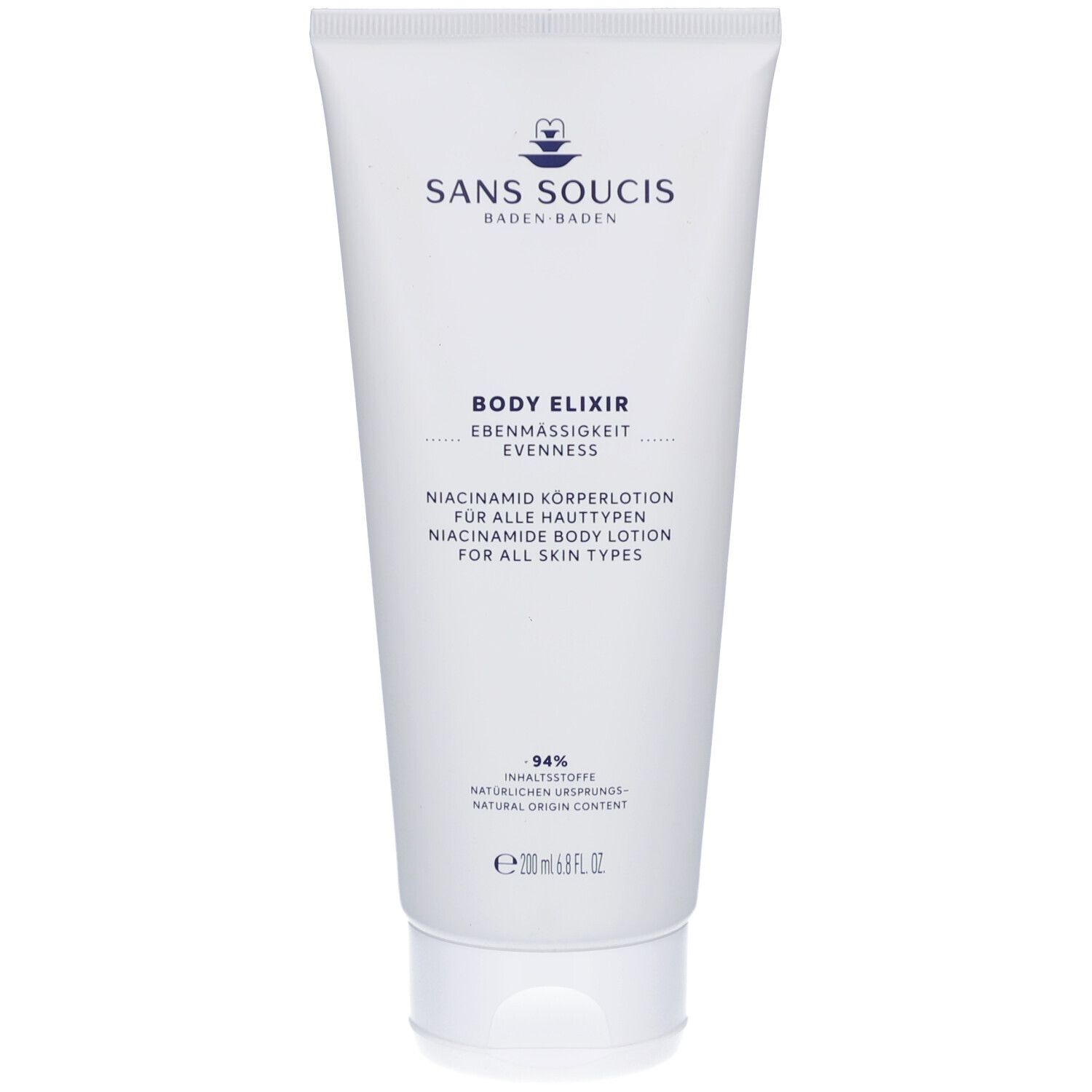 Weiße Tube mit Produktbezeichnung und Logo. Text: Body Elixir, Niacinamid Körperlotion. 94% natürlichen Ursprungs.