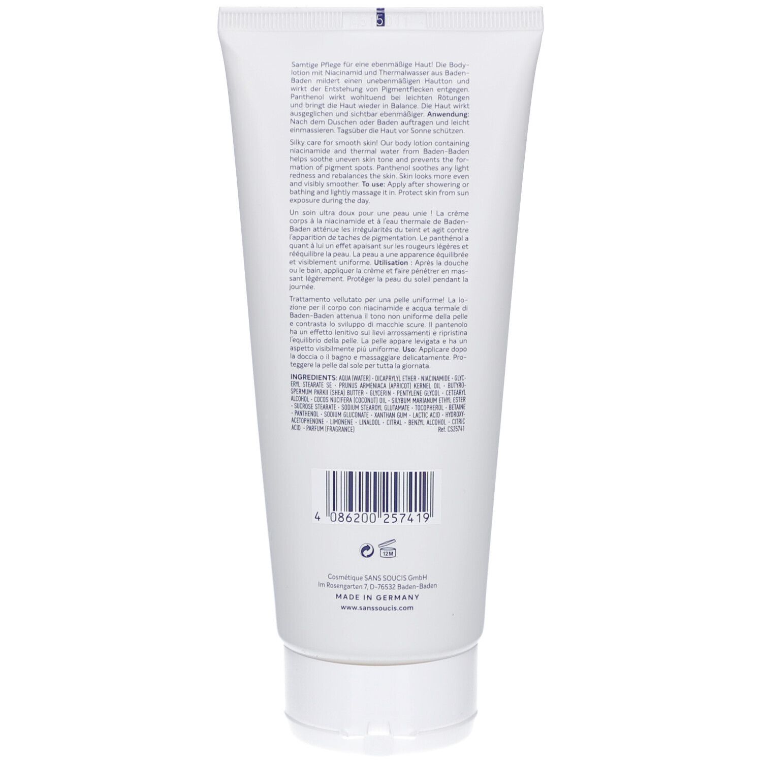 Rückseite der weißen Tube. Text und Barcode. Produktinformationen und Inhaltsstoffe. Hergestellt in Deutschland.