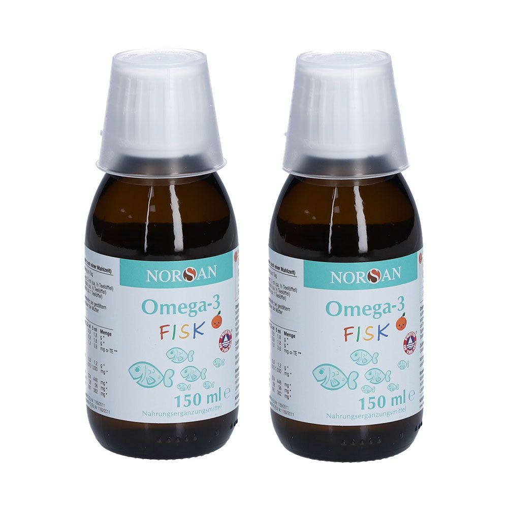 Zwei braune Flaschen mit weißem Deckel. Aufschrift: NORSAN Omega-3 FISK. 150 ml.