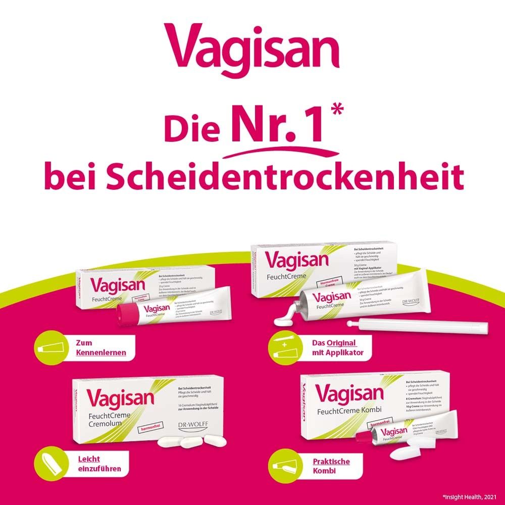 Verschiedene Vagisan Produkte. Tuben, Cremolum und Kombi-Packungen. Text: Die Nr. 1 bei Scheidentrockenheit.