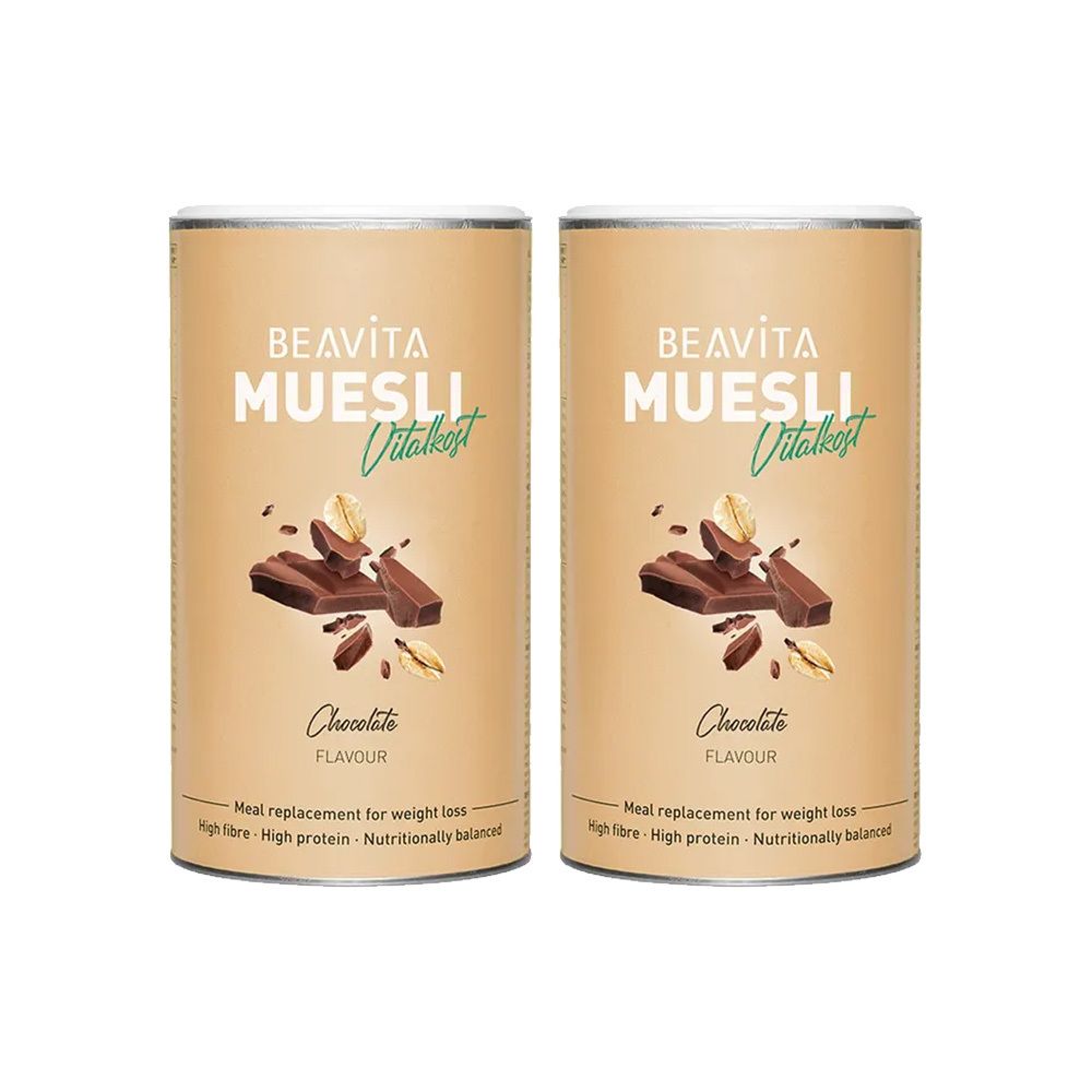 Zwei Dosen BEAVITA Müsli, Schokoladengeschmack. Aufschrift: Müsli Vitalkost, Schokolade, Meal replacement for weight loss.