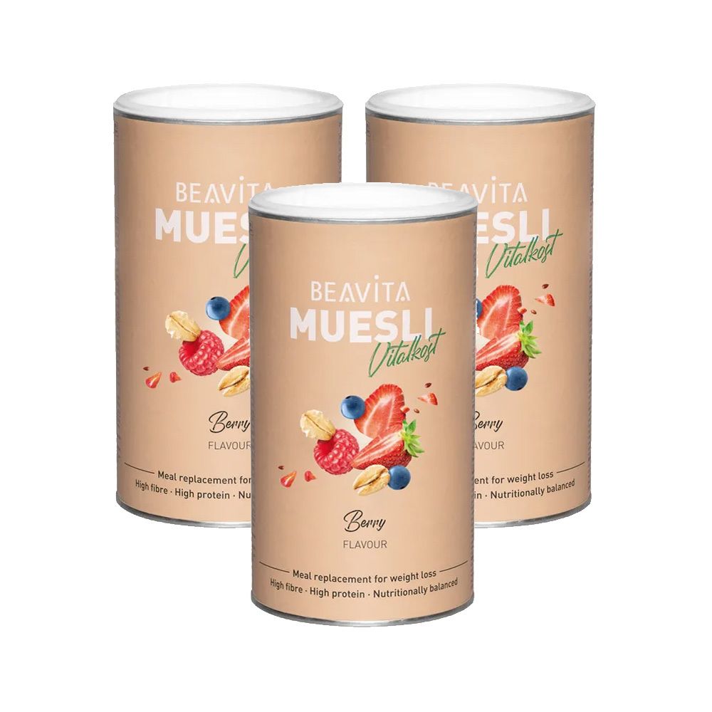 Drei Dosen BEAVITA Müsli, Sorte Beere. Zylindrische Form, beige mit Produktabbildung und Schriftzug.
