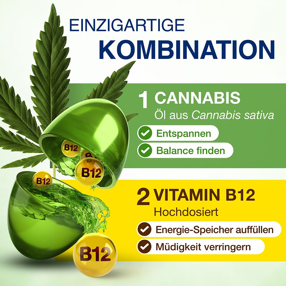 Einzigartige Kombination: Cannabisöl zur Entspannung und Vitamin B12 zur Energie.