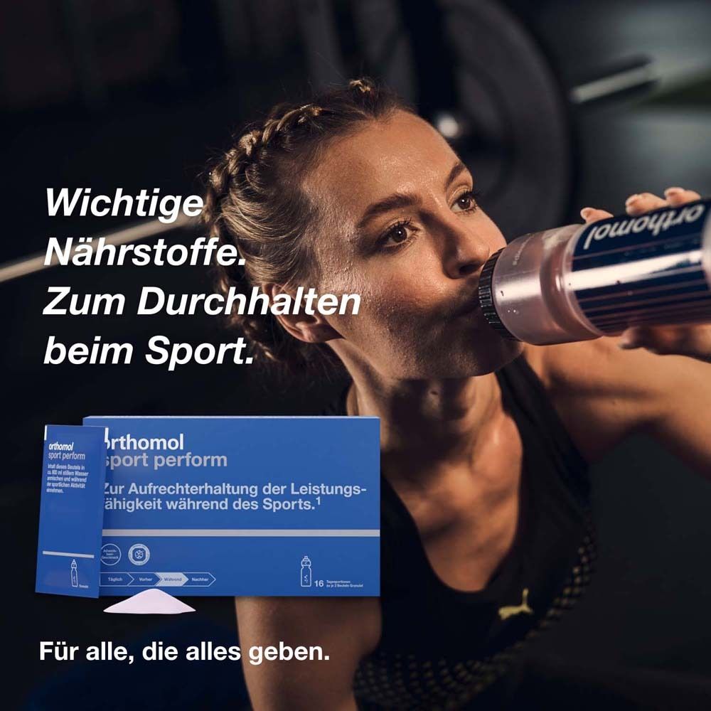Eine Frau trinkt aus einer Sportflasche. Daneben eine Packung "orthomol sport perform". Text: "Wichtige Nährstoffe. Zum Durchhalten beim Sport."