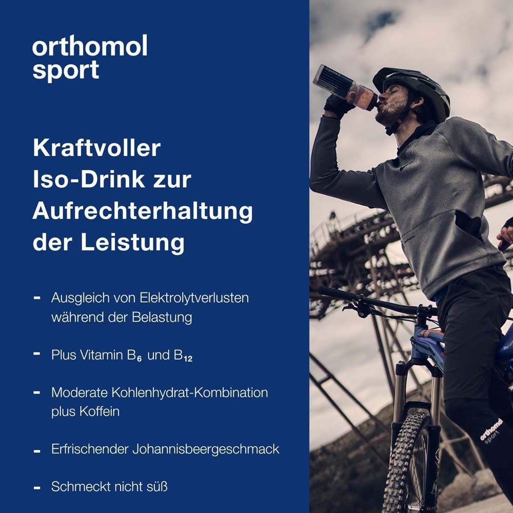 Ein Mann trinkt aus einer Sportflasche. Text: "Kraftvoller Iso-Drink zur Aufrechterhaltung der Leistung". Produkt: "orthomol sport".