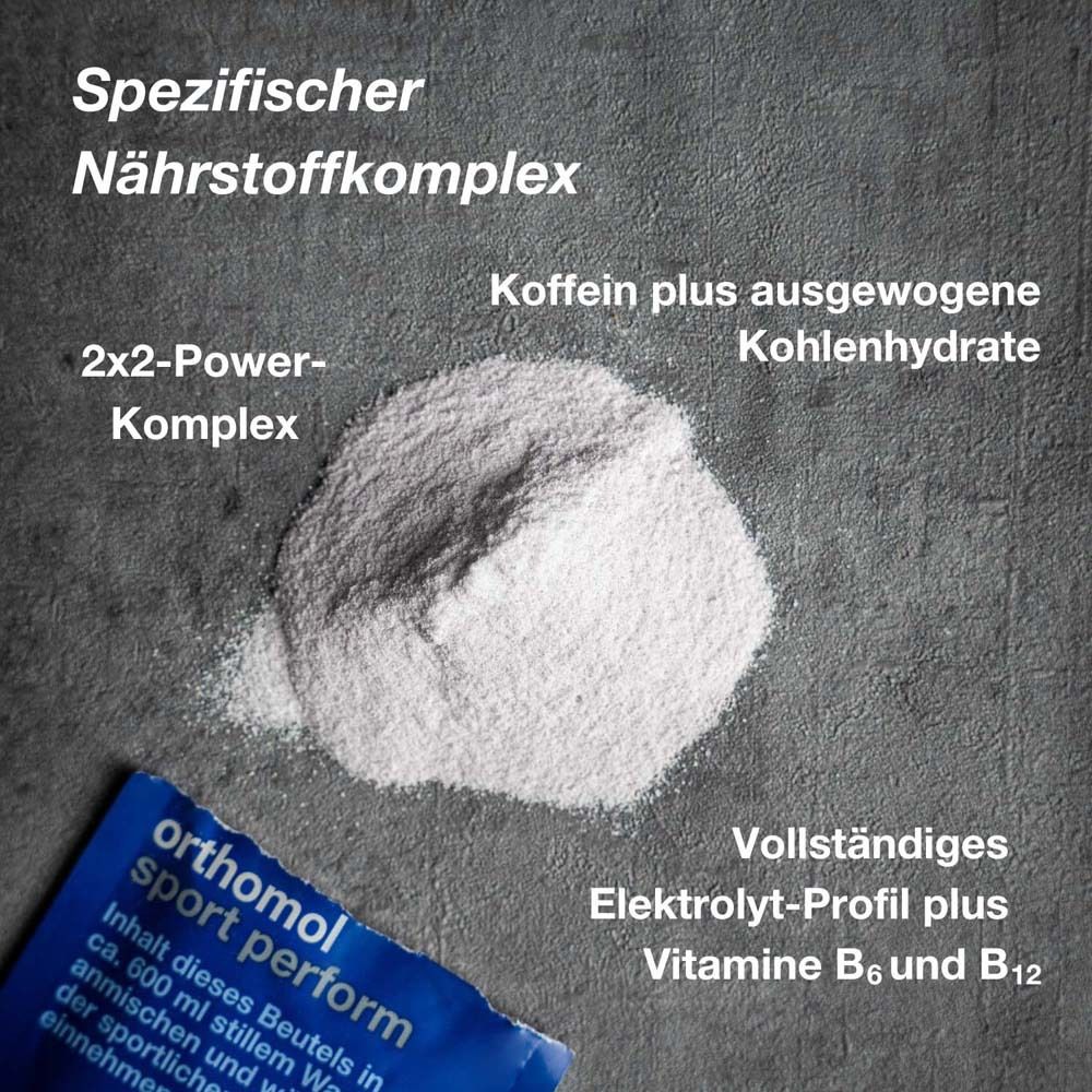 Weißes Granulat auf grauem Untergrund. Daneben eine blaue Packung "orthomol sport perform". Text: "Spezifischer Nährstoffkomplex".