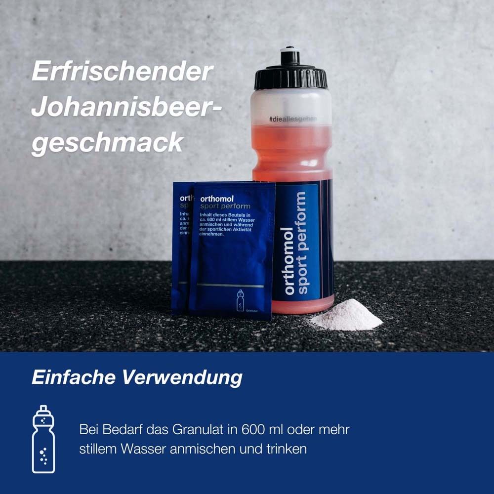 Eine Sportflasche mit roter Flüssigkeit und Granulat daneben. Daneben eine Packung "orthomol sport perform". Text: "Einfache Verwendung".