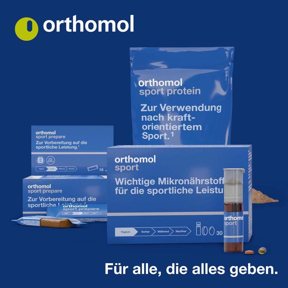 Verschiedene Produkte der Marke "orthomol". Darunter "sport protein", "sport prepare" und "sport perform".