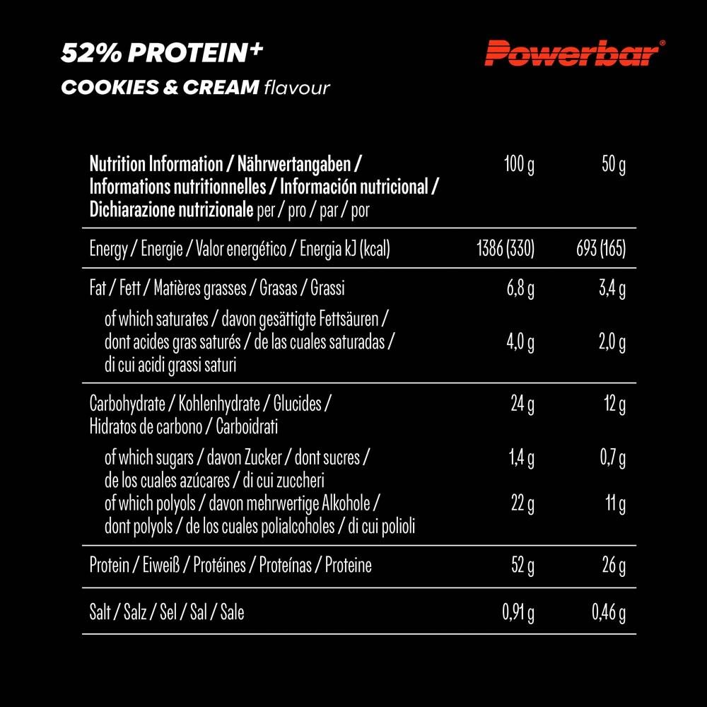 Nährwertangaben für Powerbar 52% Protein Plus Cookies & Cream. Enthält Informationen zu Energie, Fett, Kohlenhydraten, Protein.